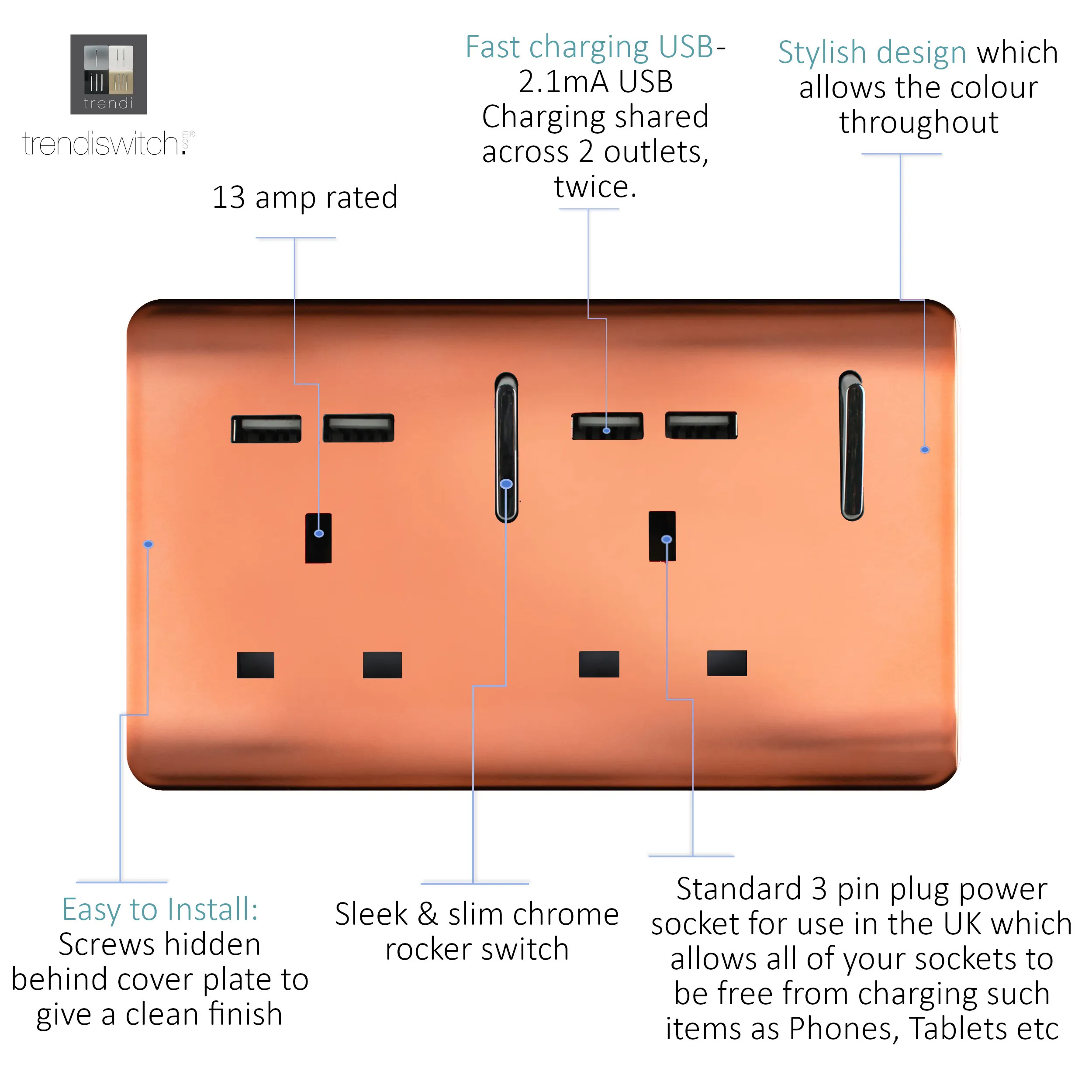 2 Gang 13Amp Switched Double Socket With 4X 2.1Mah USB Copper ART-SKT213USBCPR  Trendi Copper